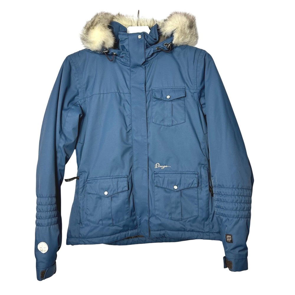 Orage Womens Ski Snowboard Jacket Blue Insulated Hooded Faux Fur Trim Coat